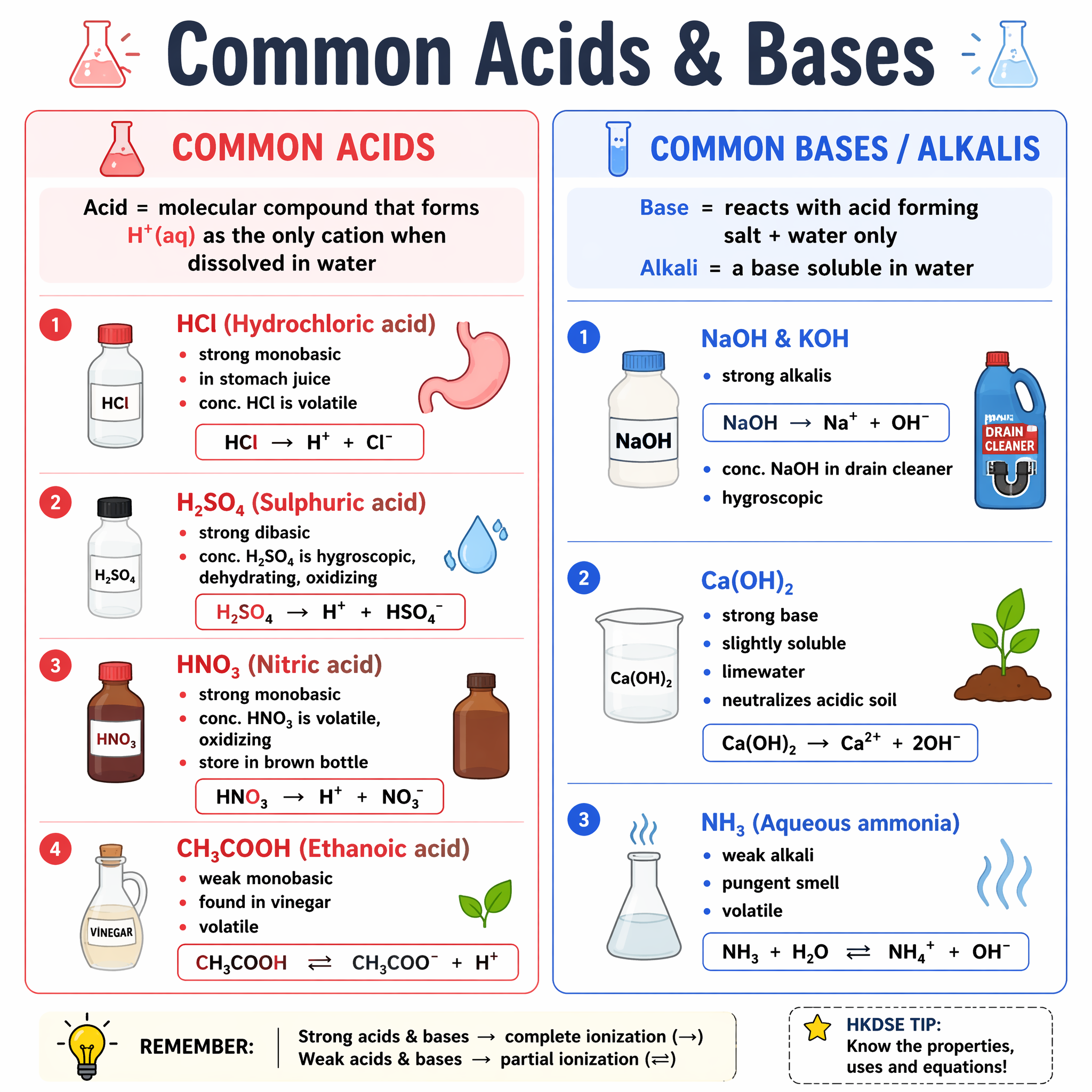 Common acids and bases: properties, uses and ionization equations
