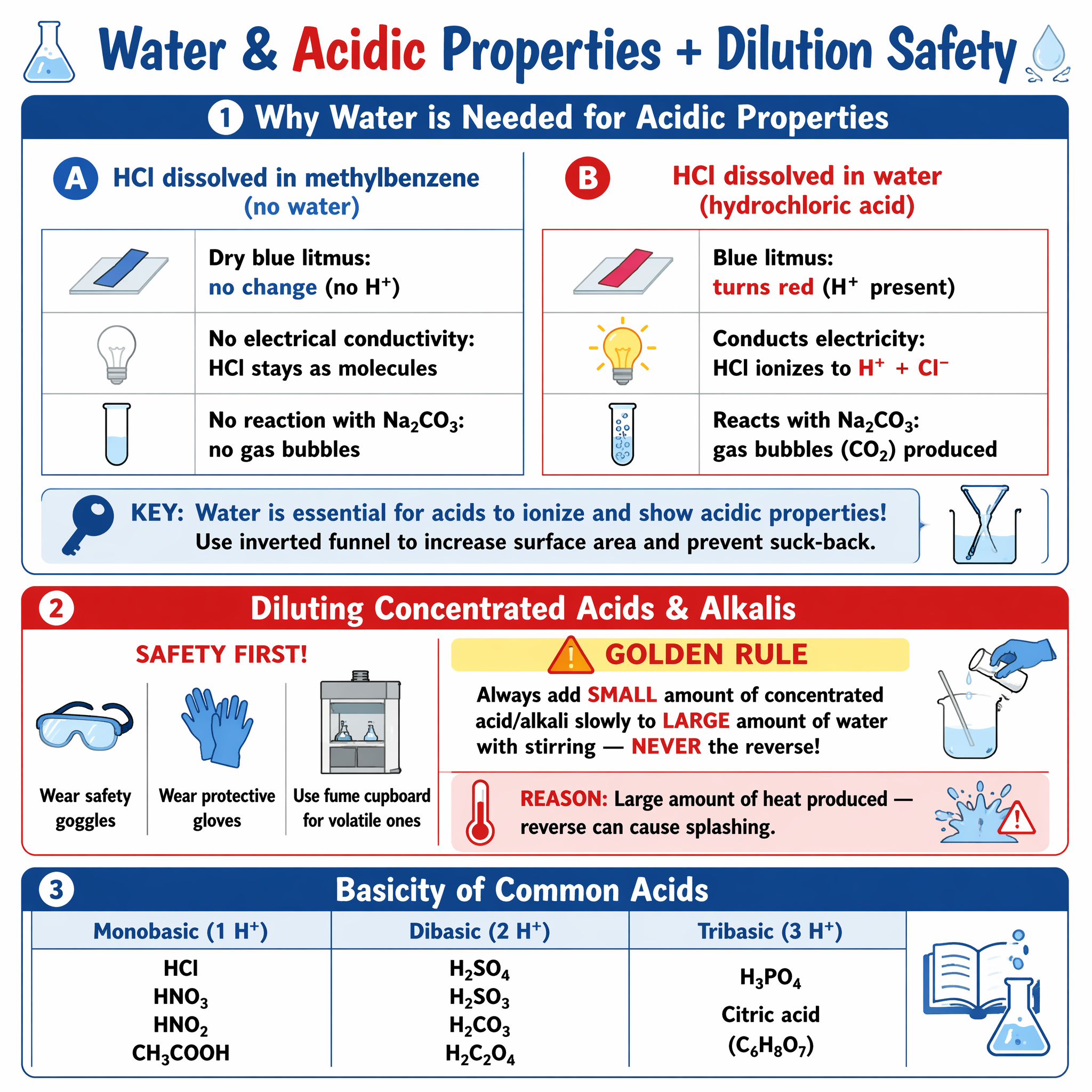Water as an acid, acidic properties and dilution of acids