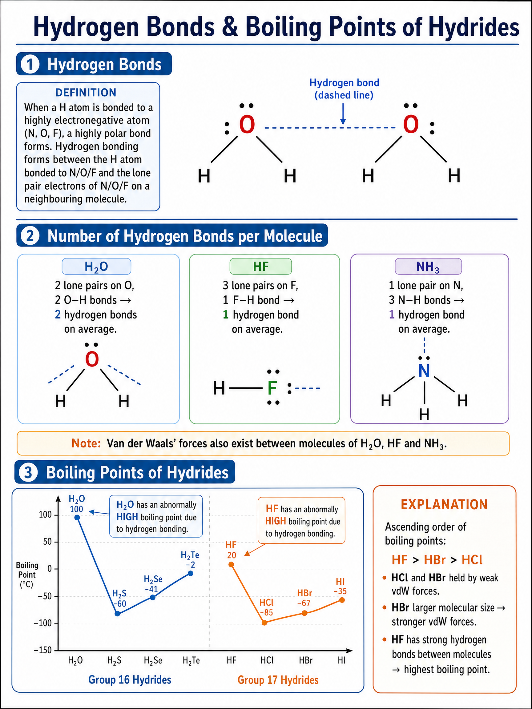 Hydrogen Bonds & Boiling Points of Hydrides: Definition, number of hydrogen bonds, and boiling points